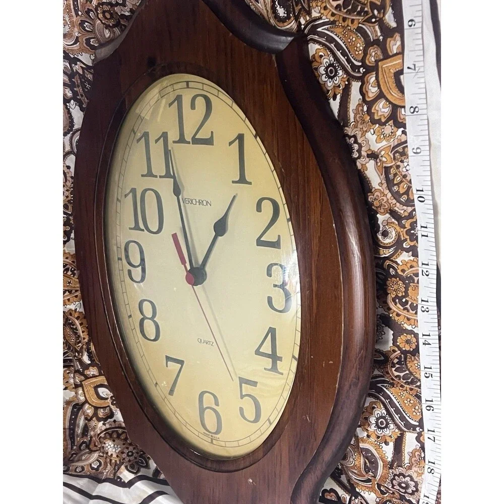 Vintage Verichron Quartz Oval Wall Clock Wood Frame Analog Model 103266 284 24